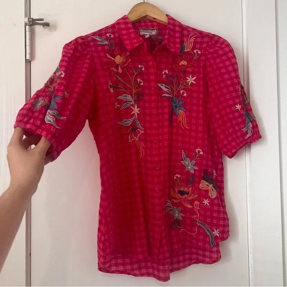 Johnny Was Pink Embroidered Gingham Button Down Blouse - Picture 6 of 11